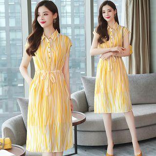 Cap-sleeve Striped Chiffon Shirtdress
