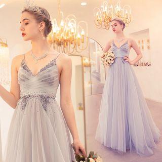 Spaghetti-strap Beaded A-line Evening Gown