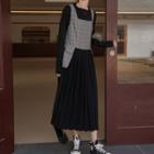 Set: Plain Long-sleeve Top + Plaid Jumper Dress