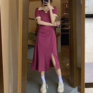 Short-sleeve Collar Slit Midi A-line Dress