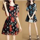 Elbow-sleeve Dotted Printed A-line Dress