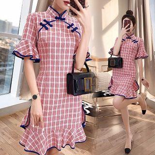 Plaid Ruffle Hem Short-sleeve Qipao