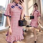 Plaid Ruffle Hem Short-sleeve Qipao