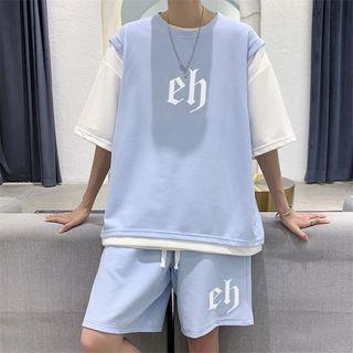 Set : Mock Two-piece Short-sleeve Top + Shorts