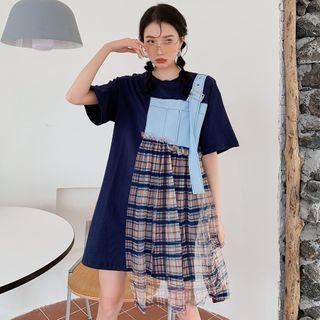Elbow-sleeve Plaid Panel Buckled T-shirt Dress