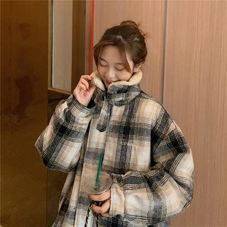 Fleece-lined Plaid Jacket Khaki - One Size
