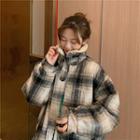 Fleece-lined Plaid Jacket Khaki - One Size