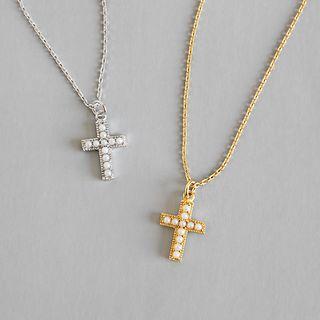 925 Sterling Silver Faux Pearl Cross Pendant Necklace