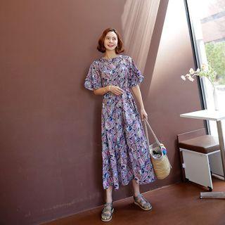 Frilled Foliage Long Dress With Sash