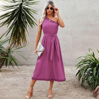 One-shoulder Tie-waist Midi A-line Dress