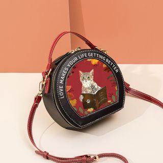 Cat Print Faux Leather Round Crossbody Bag