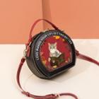 Cat Print Faux Leather Round Crossbody Bag
