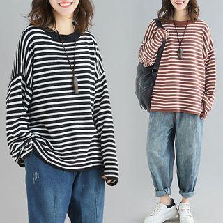 Striped Round-neck Lantern-sleeve Sweater