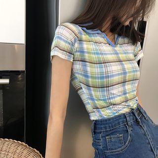Color-block Check Slim-fit Short-sleeve Top