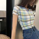 Color-block Check Slim-fit Short-sleeve Top