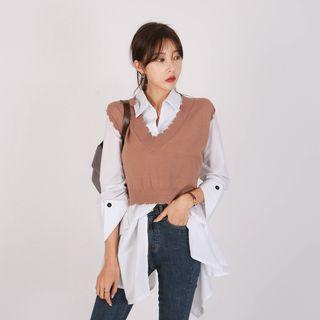 Set: Ripped Knit Vest + Long Hanky Shirt