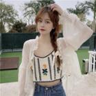 Floral Embroidered Knit Camisole Top / Frill Trim Light Jacket