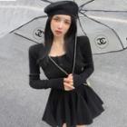 Long-sleeve Square-neck Mini A-line Dress Dress - Black - One Size