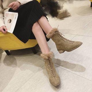 Furry Trim Block Heel Lace-up Short Boots