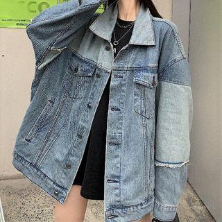 Paneled Button Denim Jacket Blue - One Size