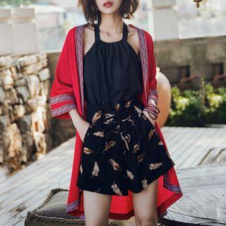 3/4-sleeve Patterned Open Front Long Jacket