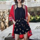 3/4-sleeve Patterned Open Front Long Jacket