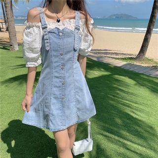 Mock Two-piece Short-sleeve Cold Shoulder Denim Mini A-line Dress