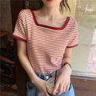 Contrast Trim Striped Square Neck Knit Top Stripe - Red - One Size