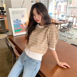 Puff-shoulder Plaid Knit Top