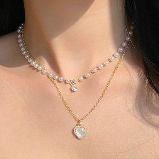 Faux Pearl Heart Pendant Layered Necklace Gold - One Size
