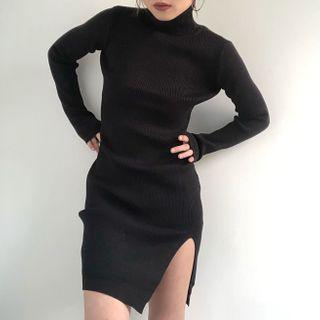 Turtleneck Slit Knit Mini Sheath Dress