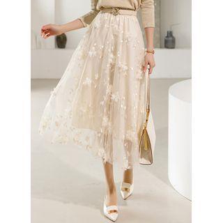 Band-waist Flower-appliqu  Tulle Skirt