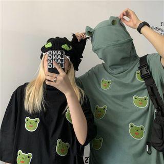 Elbow-sleeve Frog Embroidered Hooded T-shirt