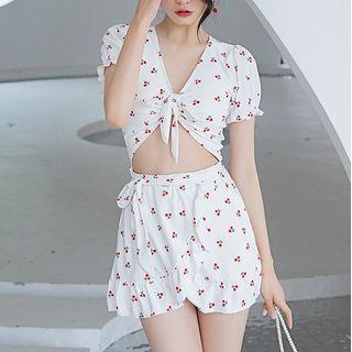 Set: Short-sleeve Cherry Print Swim Top + Skirt