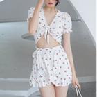 Set: Short-sleeve Cherry Print Swim Top + Skirt