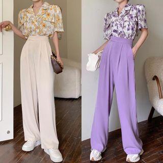 Short-sleeve Floral Print Shirt / High Waist Wide Leg Pants / Set