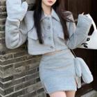 Set: Button-up Jacket + Side-slit Mini Pencil Skirt + Gloves