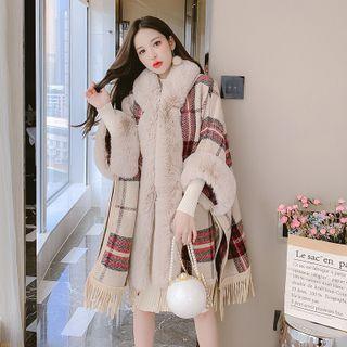 Faux Fur Trim Plaid Cape Coat Red - One Size