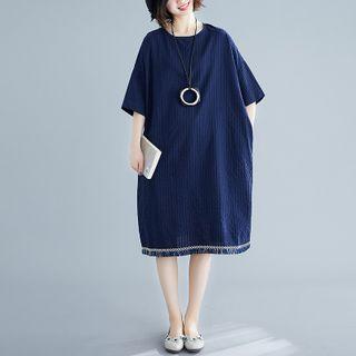 Elbow-sleeve Fringed Midi Shift Dress Navy Blue - One Size