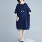 Elbow-sleeve Fringed Midi Shift Dress Navy Blue - One Size