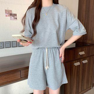 Set: Elbow-sleeve Plain T-shirt + Drawstring Shorts