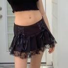 Lace-up Pleated Lace Mini Skirt