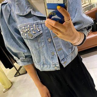 Puff-sleeve Denim Trucker Jacket Blue - One Size