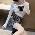 Off-shoulder Knit Top With Bow / Plaid Mini A-line Skirt / Set