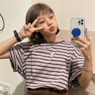 Elbow-sleeve Striped Print T-shirt