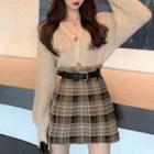 Long-sleeve Buttoned Knit Top / Plaid Mini Skirt