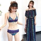 Set: Print Bikini + Off-shoulder Top + Wide-leg Pants