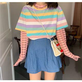 Short Sleeve Striped Tee / Printed Mesh Top
