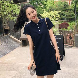 Short-sleeve Mini Polo Shirt Dress Navy Blue - One Size