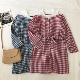 Mock Two-piece Off-shoulder Panel Color-block Plaid Lace-up Dress